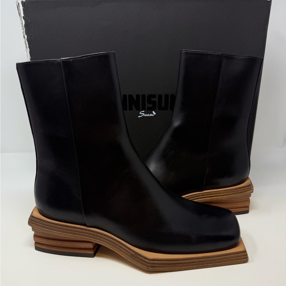 Sunni Sunni Stacked Heel Black Leather Boots